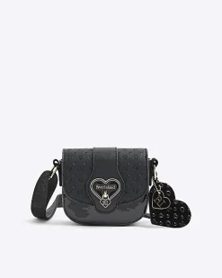 Girls Black Monogram Heartlock Cross Body Bag