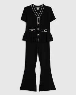 Girls Black Peplum Hem Short Sleeve Top Set