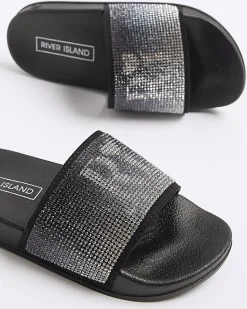 Girls black RI diamante sliders