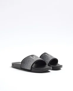 Girls black RI diamante sliders