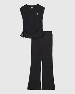 Girls Black Ruched Ribbed Leggings Set