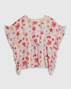 Girls Blue Beach Print Stripe Kaftan