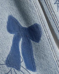 Girls Blue Bow Patchwork Wide Leg Jeans