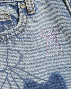 Girls Blue Bow Patchwork Wide Leg Jeans