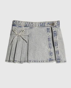 Girls Blue Bow Pleated Denim Skort