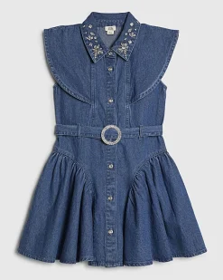 Girls Blue Denim Embellished Prom Shirt Dress