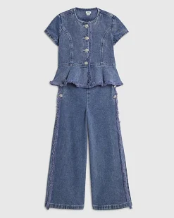 Girls Blue Denim Peplum Top Set