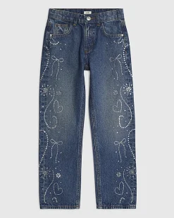Girls Blue Diamante Sided Straight Jeans