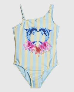Girls Blue Dolphin Stripe Swimsuit