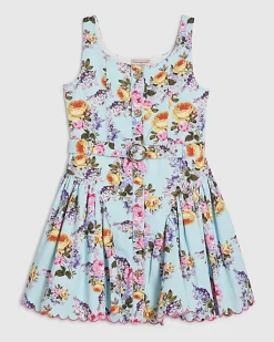 Girls Blue Floral Prom Cotton Dress