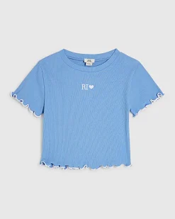 Girls Blue Lettuce Hem Crop T-Shirt