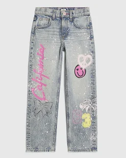 Girls Blue Neon Graffiti Straight Jeans