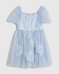 Girls Blue Puff Sleeve Floral Tulle Dress