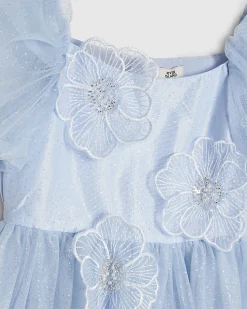 Girls Blue Puff Sleeve Floral Tulle Dress