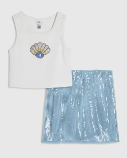 Girls Blue Shell Sequin Skirt Set