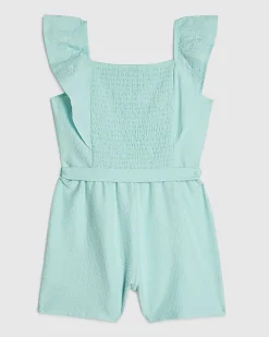 Girls Blue Shirred Floral Playsuit