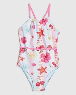 Girls Blue Stripe Beach Print Swimsuit