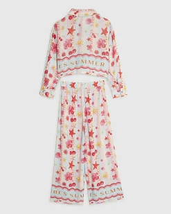 Girls Blue Stripe Beach Print Trousers Set