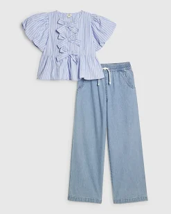 Girls Blue Striped Top And Jeans Set
