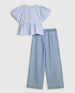 Girls Blue Striped Top And Jeans Set
