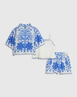 Girls Blue Tropical Print Parrot Shirt Set
