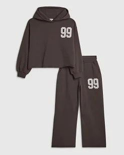 Girls Brown 99 Number Hoodie Tracksuit Set