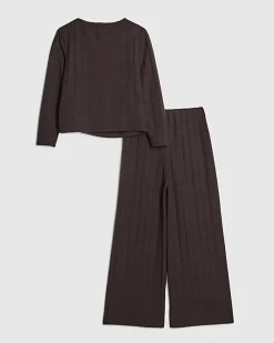 Girls Brown Cosy Ribbed Top Set