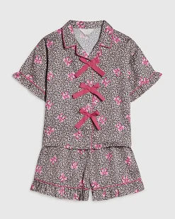 Girls Brown Leopard Bow Print Satin Pyjamas