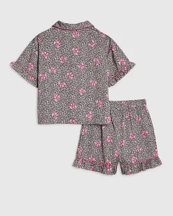 Girls Brown Leopard Bow Print Satin Pyjamas