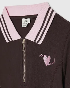 Girls Brown Ribbed Zip Polo Dress
