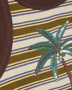Girls Brown Stripe Sequin Palm Tree Tank Top