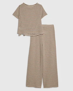 Girls Brown Stripe Textured Wrap T-shirt Set