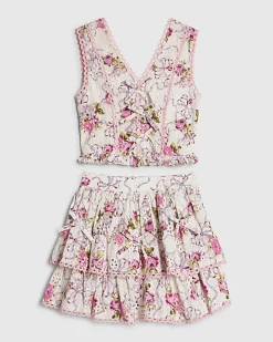 Girls Cream Bow Cotton Top And Skirt Set