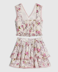Girls Cream Bow Cotton Top And Skirt Set