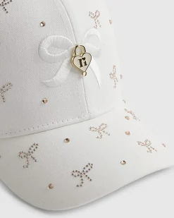 Girls Cream Diamante Bow Cap