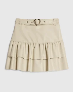 Girls Cream Faux Leather Belted Skirt