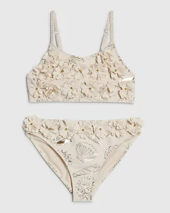 Girls Cream Gold Foil 3D Flower Bikini Set