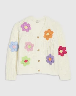 Girls Cream Knitted Flower Cardigan