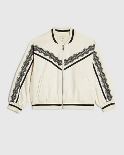 Girls Cream Lace Trim Bomber Jacket