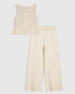 Girls Cream Peplum Top Trousers Set