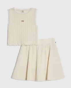 Girls Cream Plaited Skirt Set