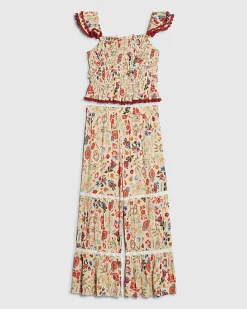 Girls Cream Printed Top and Trouser Set