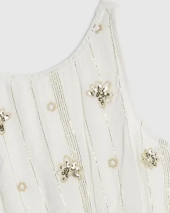 Girls Cream Scalloped Sequin Beach Dress
