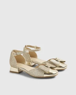 Girls Gold Glitter Bow Heel Mary Jane Shoes