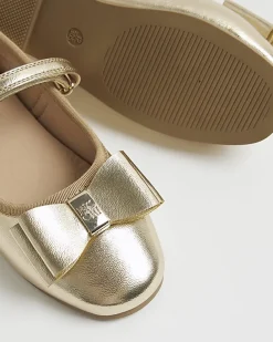 Girls Gold Metallic Bow Ballerina Pumps
