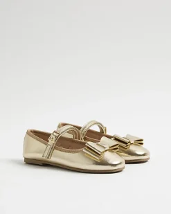 Girls Gold Metallic Bow Ballerina Pumps
