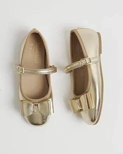 Girls Gold Metallic Bow Ballerina Pumps
