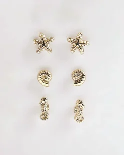 Girls Gold Sealife Pack Of 3 Stud Earrings