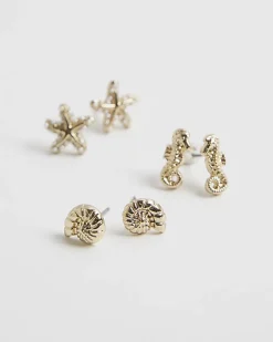 Girls Gold Sealife Pack Of 3 Stud Earrings