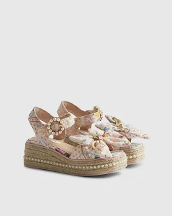 Girls Multi Colour Broderie Bow Wedge Sandals